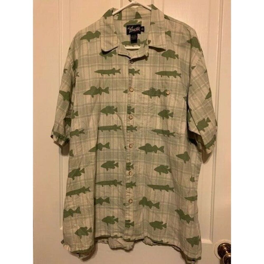 Dick Idol Size XL Green Fish Short Sleeved Button Shirt